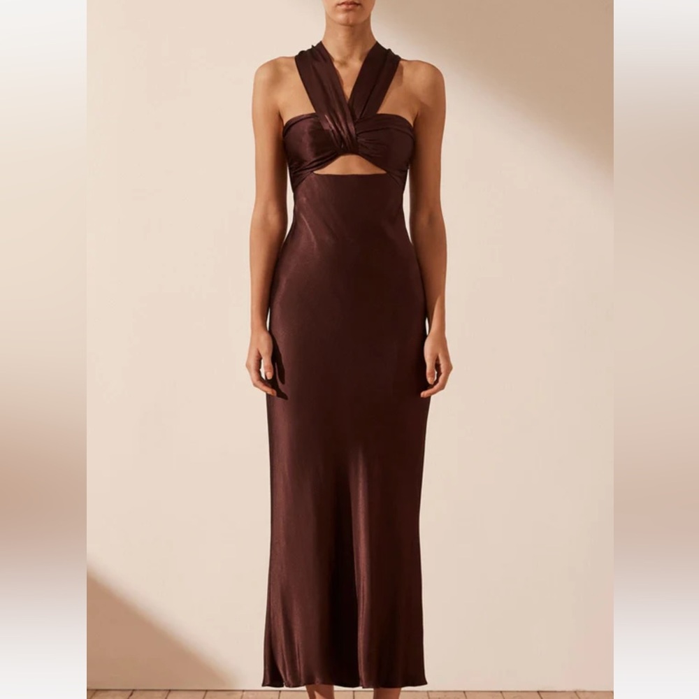Shona Joy LANA RUCHED HALTER MIDI DRESS - COCOA